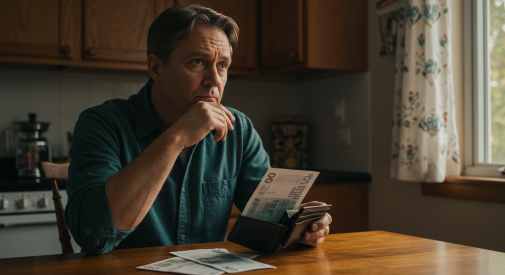 Person calmly acknowledging bills at a kitchen table, symbolising honest awareness in effortless manifesting